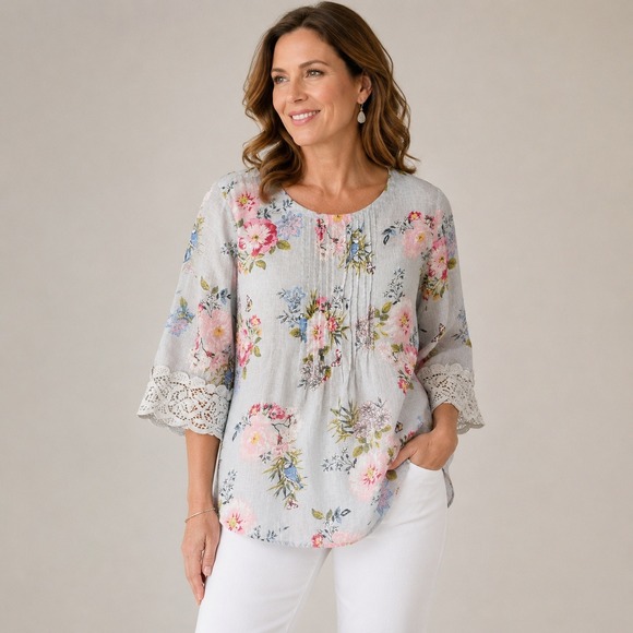 J. Jill Tops - J.Jill Love Linen Floral Pintuck Blouse XL Bird Butterfly Crochet